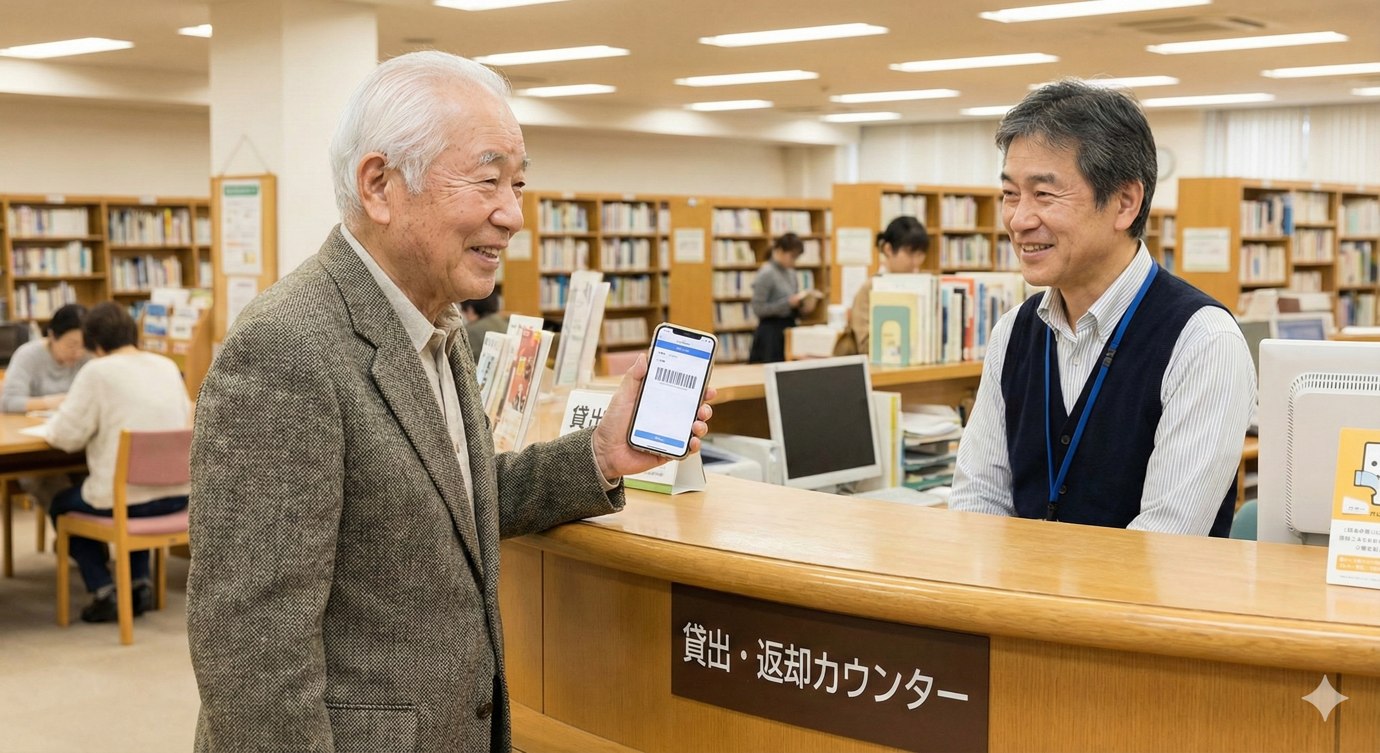 図書館カウンターでスマホから利用者カードを提示する高齢者